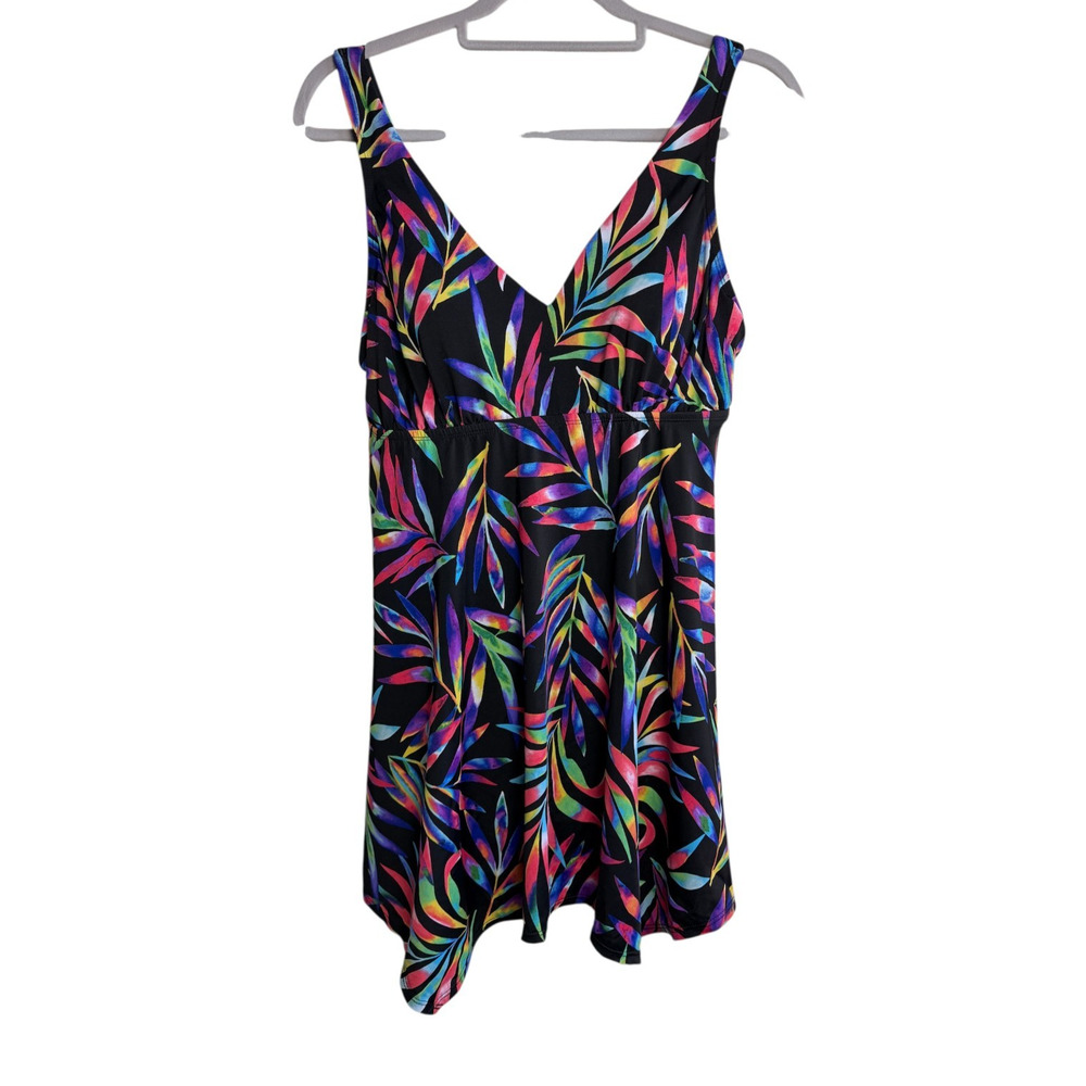 Avenue Plus Size 14 One-Piece Swimdress Black Neon Tropical Leaf Print W/ Bottom